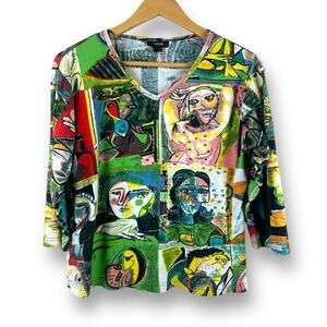 Kaktus Women's XL Picasso Art Graphic Long Sleeve Tee‎ Colorful Artsy Maximalist